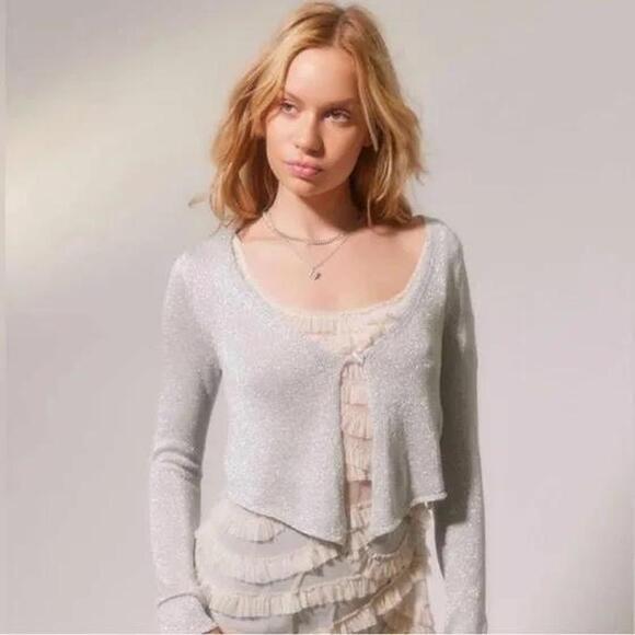 Urban Outfitters Sweaters - Urban Outfitters Cynthia Sparkle Flyaway Cardigan Silver Women's Size S